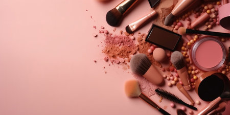Makeup brush and decorative cosmetics on a pastel pink background with empty space top viewの素材