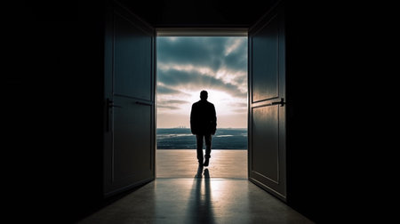 Man walking in the middle of an opened door.の素材