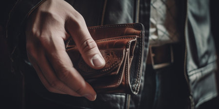 Male hand taking money out of walletの素材