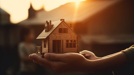 My precious home on the hands of a happy family and real estate investment and housing architecture and sunset backgroundの素材