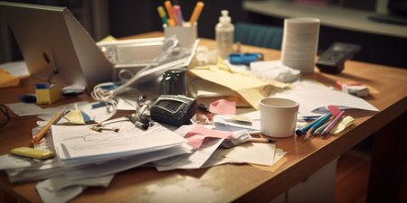 Laptop, notes and office stationery in mess on deskの素材