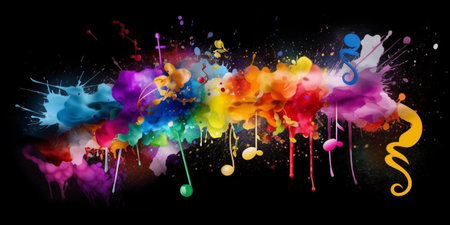 Musical melody symbols on bright rainbow color splotchの素材
