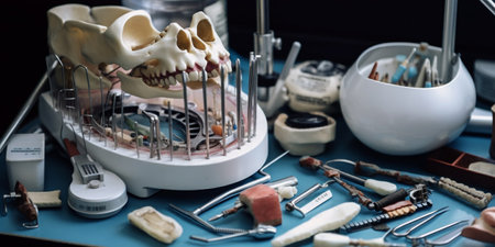 Plastic model of a human jaw with white teeth and various dental instruments for the doctor's work in the oral cavityの素材