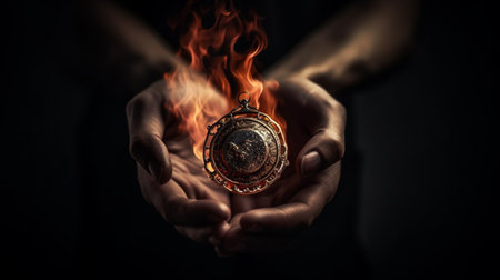 and holding up trophy medal. Winner in a competition. Fire and energyの素材