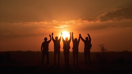 Silhouette of group happy business team making high hands over head in beautiful sunset sky evening time for business success and teamwork concept in companyの素材