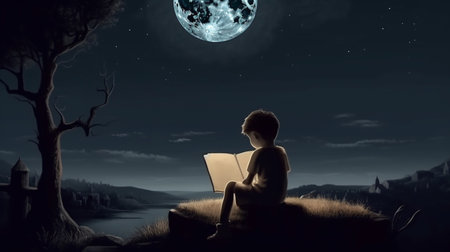 Little boy reading a book on a full moon background.の素材