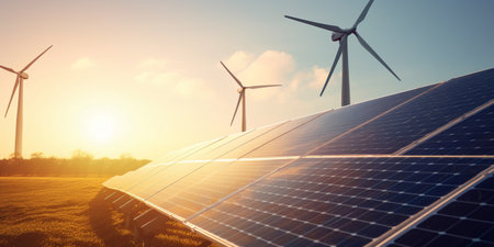 Solar panel and wind turbine blue sky with sun background concept clean powerの素材