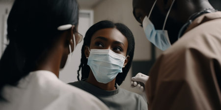 Smiling dentist with face mask talking to Black woman during dental procedure at dental clinic.の素材
