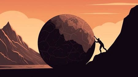 Sisyphus greek myth rolling a rock in a mountain. Guy worker strong figure climb carry goal.の素材