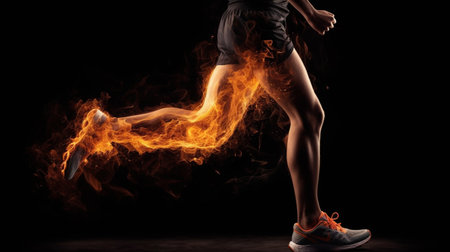 Runner. Side view of a jogger legs with the power in the veins isolated on blackの素材