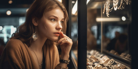 Surprised pretty woman looking at jewelry in store window. Girl near jewellery.の素材