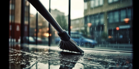 Window cleaner using a squeegee to wash a windowの素材