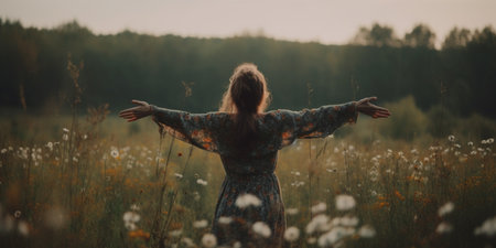 Woman embracing life standing outside in beautiful meadow with her arms raised high. back viewの素材