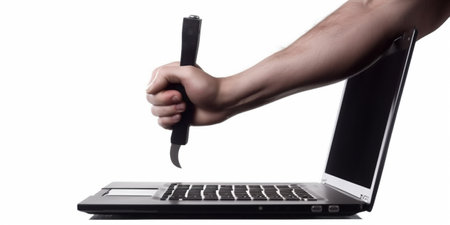 The human hand with black wrench stick out of a laptop screen. Concept of technical support.の素材