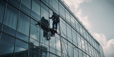 Window cleaner is working on the office buildingの素材