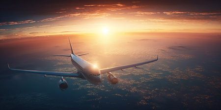 Travel by airplane around the Earth sunsetの素材