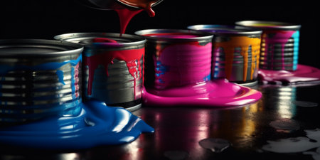 Metal tin cans pouring cmyk color paintの素材