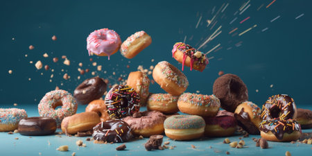 Various decorated donuts in motion falling on blue backgroundの素材