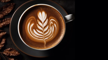 White cup of hot latte coffee with beautiful milk foam latte art texture . top view.の素材