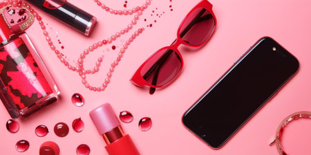 Set of sunglasses, phone, red lipstick and nail polish on pink backgroundの素材