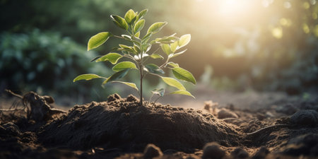 Small tree growing with sunshine in garden eco conceptの素材