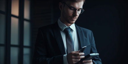 The financier stands in front of the calculatorの素材