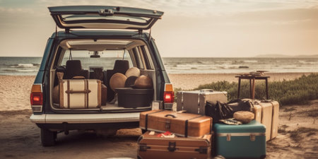 Suitcases and bags in trunk of car ready to depart for holidays. Moving boxes and suitcases in trunk of car, outdoors. trip, travel, sea. car on the beach with sea on background