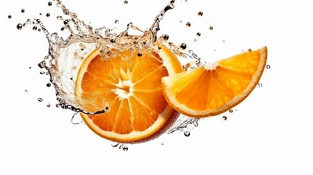 Round slices of ripe, fresh orange fall. Citrus fruit in flight isolated on a white backgroundの素材