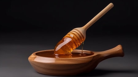 Wooden dipper with honey pouring or honey dripping from dipperの素材