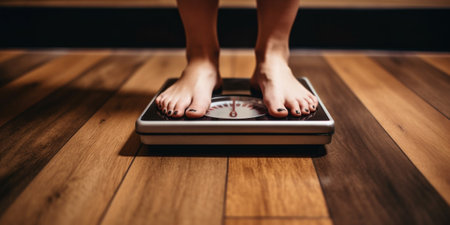 Woman feet on scale in English language on the wooden backgroundの素材
