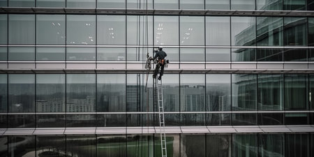 Window cleaner is working on the office buildingの素材