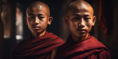 Young buddhist monks in Myanmarの素材