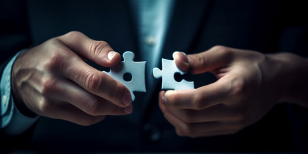men connect two puzzle pieces concept of business solution solving a problemの素材