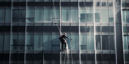 Window cleaner is working on the office buildingの素材