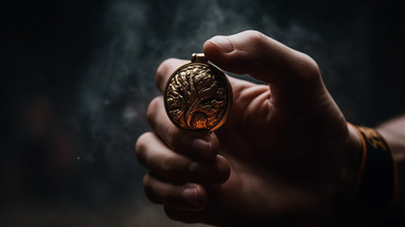 and holding up trophy medal. Winner in a competition. Fire and energyの素材