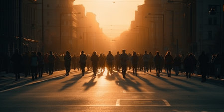 Start of people running on street,with sunset lightの素材