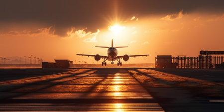 Silhouette of air plane landing on illuminated track at sunset with beautiful red sky and sun in backgroundの素材