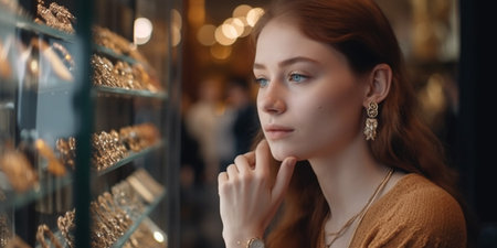 Surprised pretty woman looking at jewelry in store window. Girl near jewellery.の素材