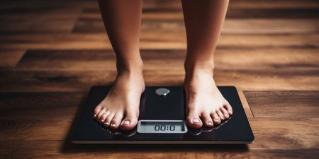 Woman feet on scale in English language on the wooden backgroundの素材