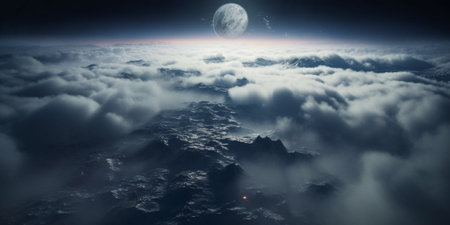 a stark planet from above the clouds during a snow storm with an eclipse in the distanceの素材