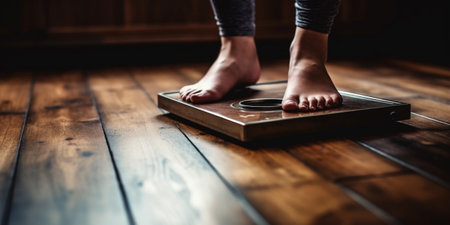 Woman feet on scale in English language on the wooden backgroundの素材