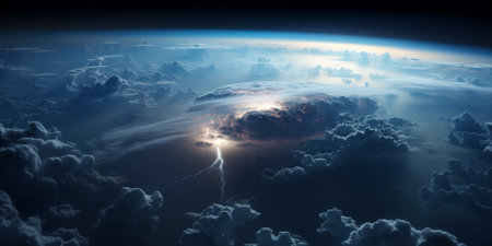 a photograph of a stark planet from above the clouds during a lightning storm with a small moon in the skyの素材
