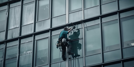 Window cleaner is working on the office buildingの素材
