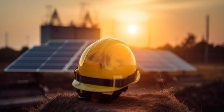Yellow safety helmet on solar cell panel, sunriseの素材