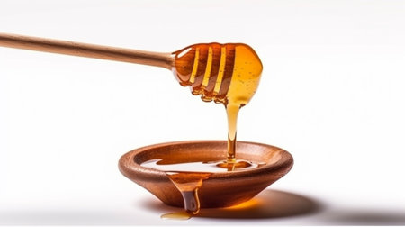 Wooden dipper with honey pouring or honey dripping from dipperの素材
