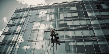 Window cleaner is working on the office buildingの素材