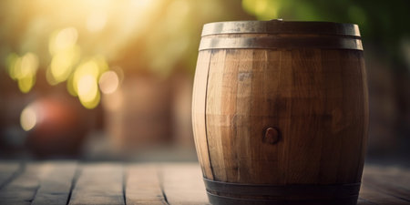 Wooden wine barrel in front of blurred backgroundの素材