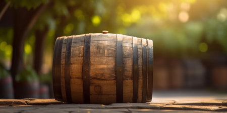 Wooden wine barrel in front of blurred backgroundの素材