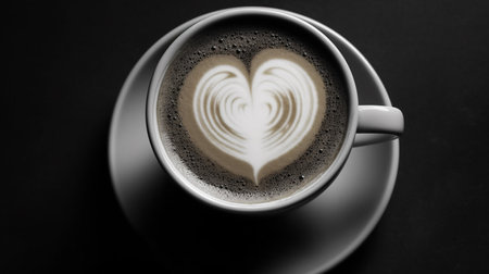 White cup of hot latte coffee with beautiful milk foam love themed latte art texture. top viewの素材