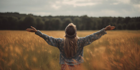 Woman embracing life standing outside in beautiful meadow with her arms raised high. back viewの素材